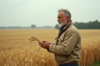 Agriculteur français inspectant des épis de blé dans un champ avant la récolte, symbolisant le prix du quintal de blé en 2026