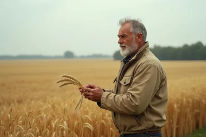 Agriculteur français inspectant des épis de blé dans un champ avant la récolte, symbolisant le prix du quintal de blé en 2026