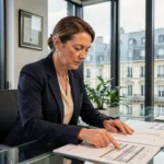 Femme professionnelle analysant des avis et rapports sur des SCPI européennes dans un bureau moderne avec vue sur une skyline urbaine