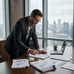 Homme d'affaires analysant des documents de portefeuille non-coté dans une salle de réunion moderne avec vue sur la ville
