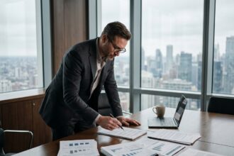 Homme d'affaires analysant des documents de portefeuille non-coté dans une salle de réunion moderne avec vue sur la ville