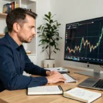 Homme analysant la volatilité du bitcoin sur un écran d'ordinateur dans un bureau moderne