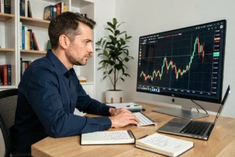 Homme analysant la volatilité du bitcoin sur un écran d'ordinateur dans un bureau moderne