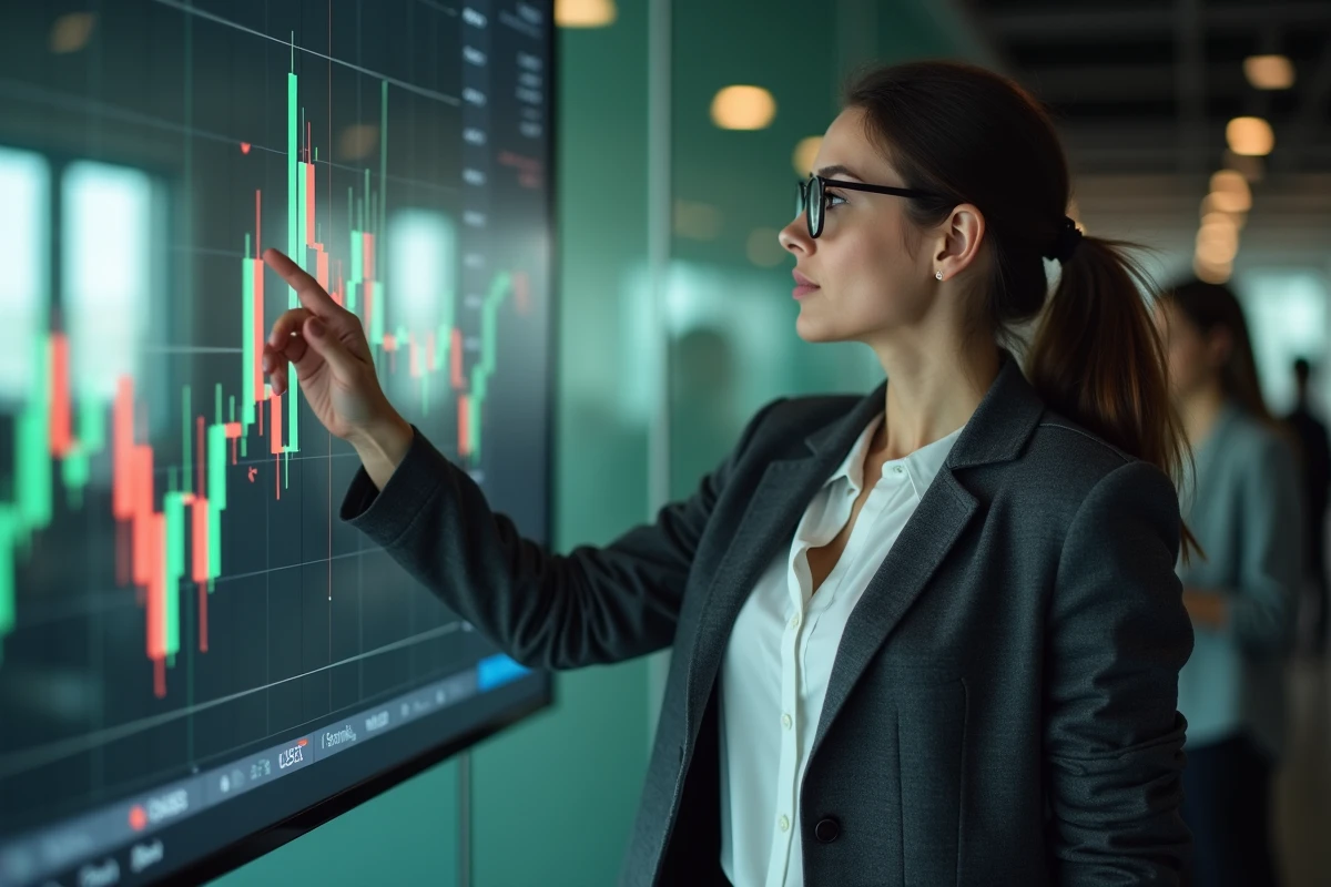 Analyste financière présentant une stratégie de trading basée sur le double bottom dans une salle de marchés professionnelle