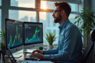 Analyste financier examinant des graphiques boursiers en bureau lumineux