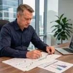 Analyste financier examinant des prévisions de dividende FDJ et des graphiques de rendement en 2026 dans un bureau moderne