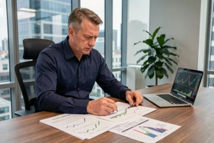 Analyste financier examinant des prévisions de dividende FDJ et des graphiques de rendement en 2026 dans un bureau moderne
