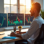 Analyste financier au bureau avec écrans solana et blockchain
