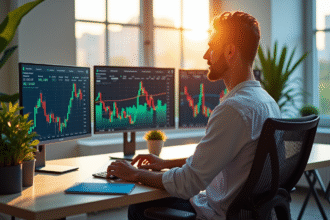Analyste financier au bureau avec écrans solana et blockchain