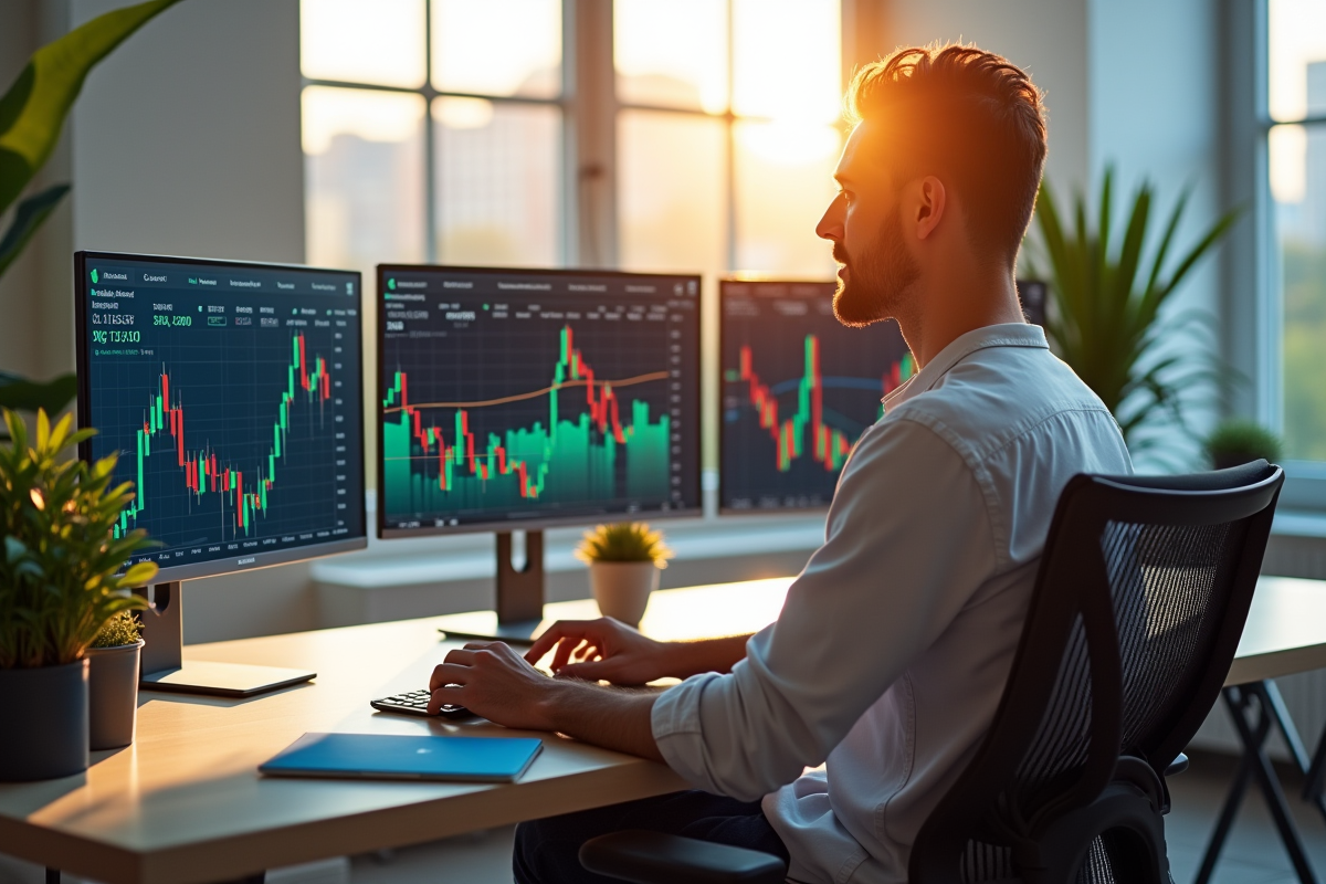 Analyste financier au bureau avec écrans solana et blockchain