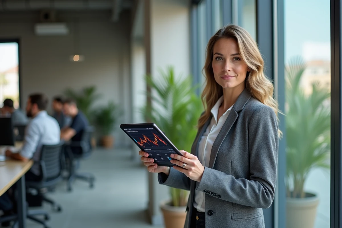 Analyste financière consultant un forum boursier sur une tablette dans un open space moderne