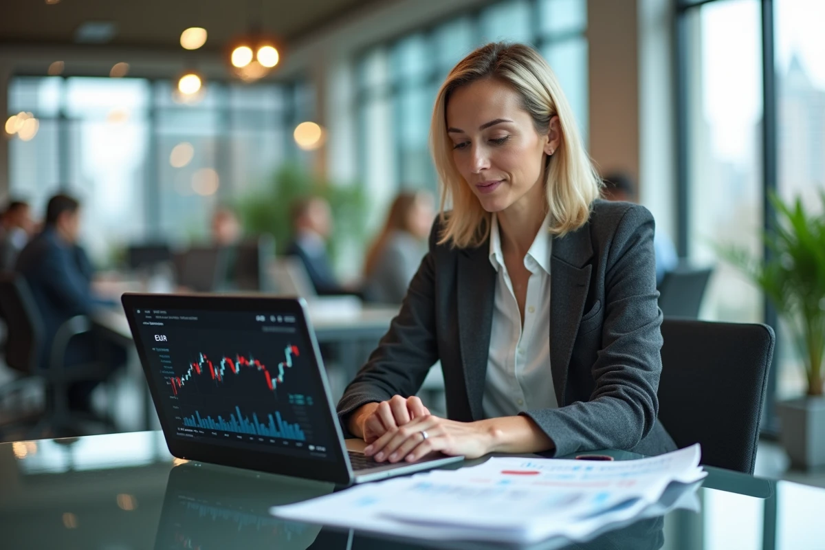 Femme analyste financière examinant des rapports sur les variations du taux EUR dans un bureau d'entreprise moderne