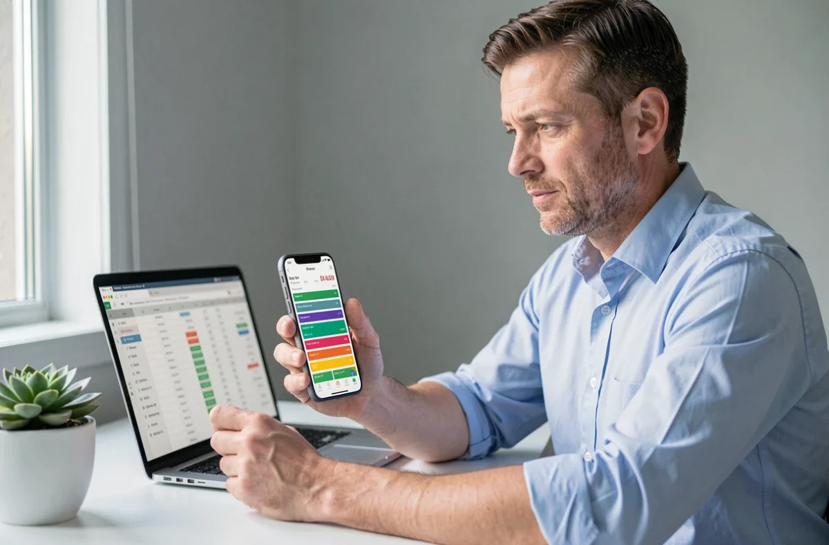 Homme consultant une application d'épargne sur smartphone à son bureau pour gérer son budget personnel