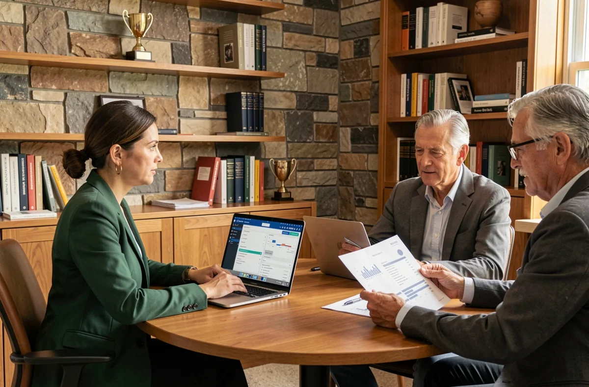 Consultante d'Arias Patrimoine accompagnant un couple dans la planification de leur patrimoine avec un logiciel dédié