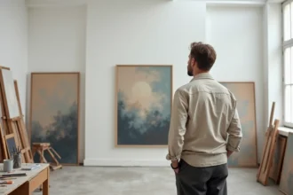 Artiste contemporain espagnol dans son atelier évaluant une œuvre abstraite pour le Prix Philip Morris Espagne 2026