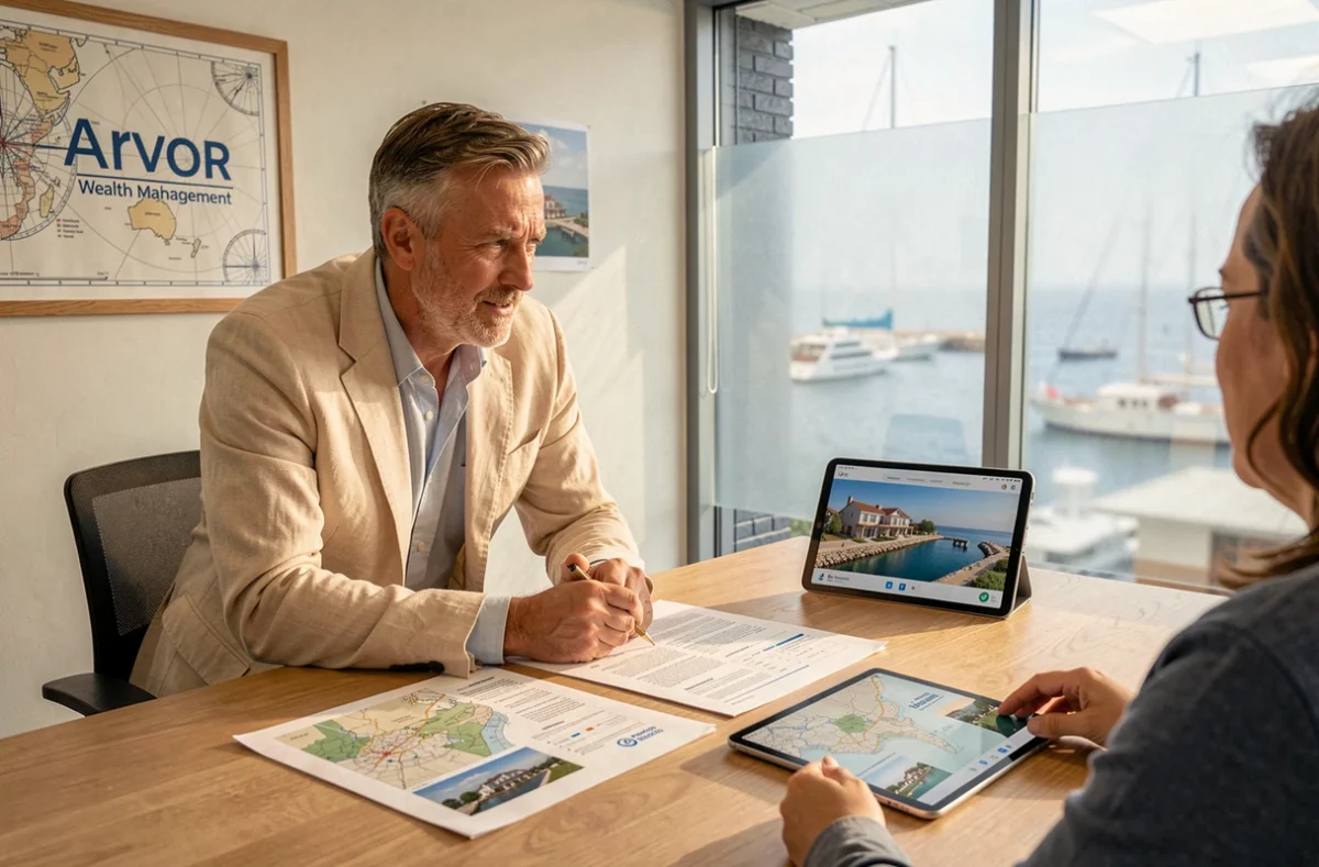 Conseiller Arvor Patrimoine en discussion avec un client autour de rapports immobiliers bretons dans un bureau aux références maritimes