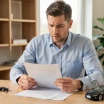 Homme examinant un contrat d'assurance emprunteur pour une location avec option d'achat, clés de voiture posées sur le bureau