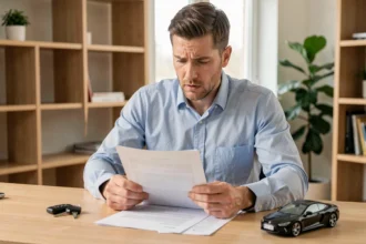 Homme examinant un contrat d'assurance emprunteur pour une location avec option d'achat, clés de voiture posées sur le bureau