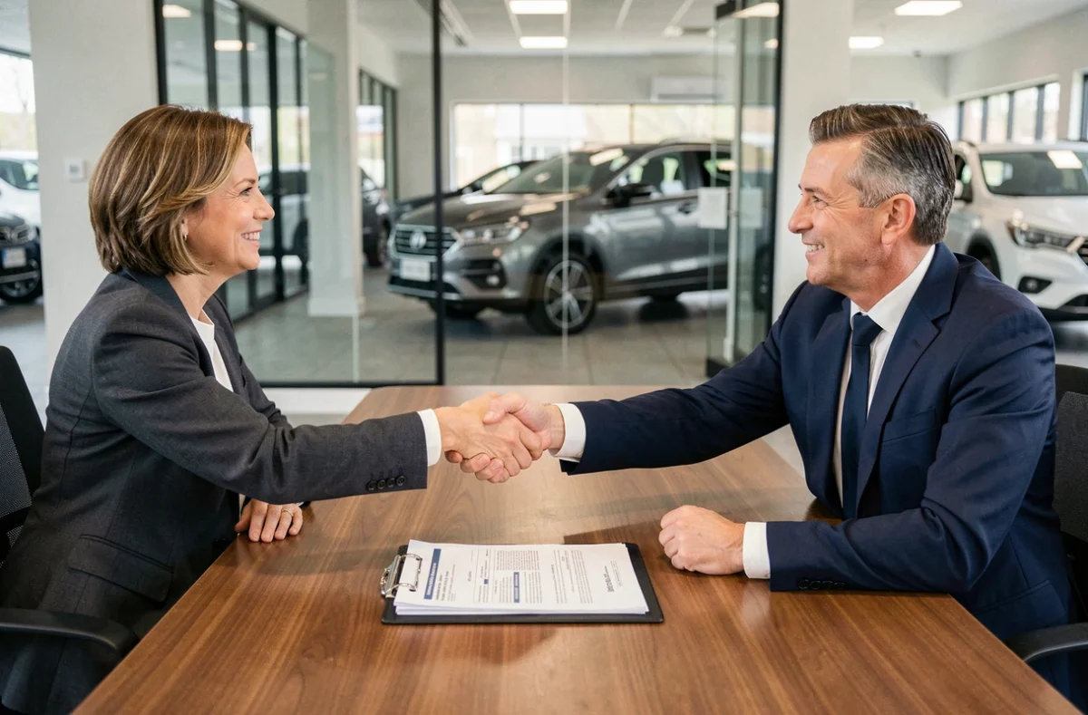 Femme signant un accord de LOA avec un conseiller financier dans un bureau de concession automobile, documents d'assurance emprunteur sur la table
