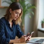 Femme consultant l'application bancaire LCL sur smartphone pour une authentification forte sécurisée