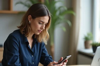 Femme consultant l'application bancaire LCL sur smartphone pour une authentification forte sécurisée