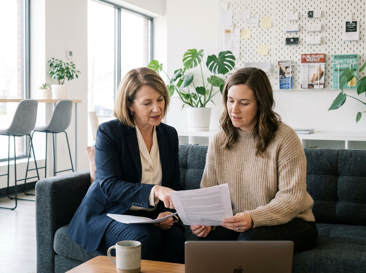 Autrice et conseillère éditoriale examinant ensemble un contrat de publication à compte d'auteur dans un espace de coworking moderne