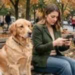 Femme lisant des avis clients sur son téléphone avec son golden retriever calme dans un parc en automne
