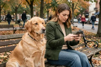 Femme lisant des avis clients sur son téléphone avec son golden retriever calme dans un parc en automne