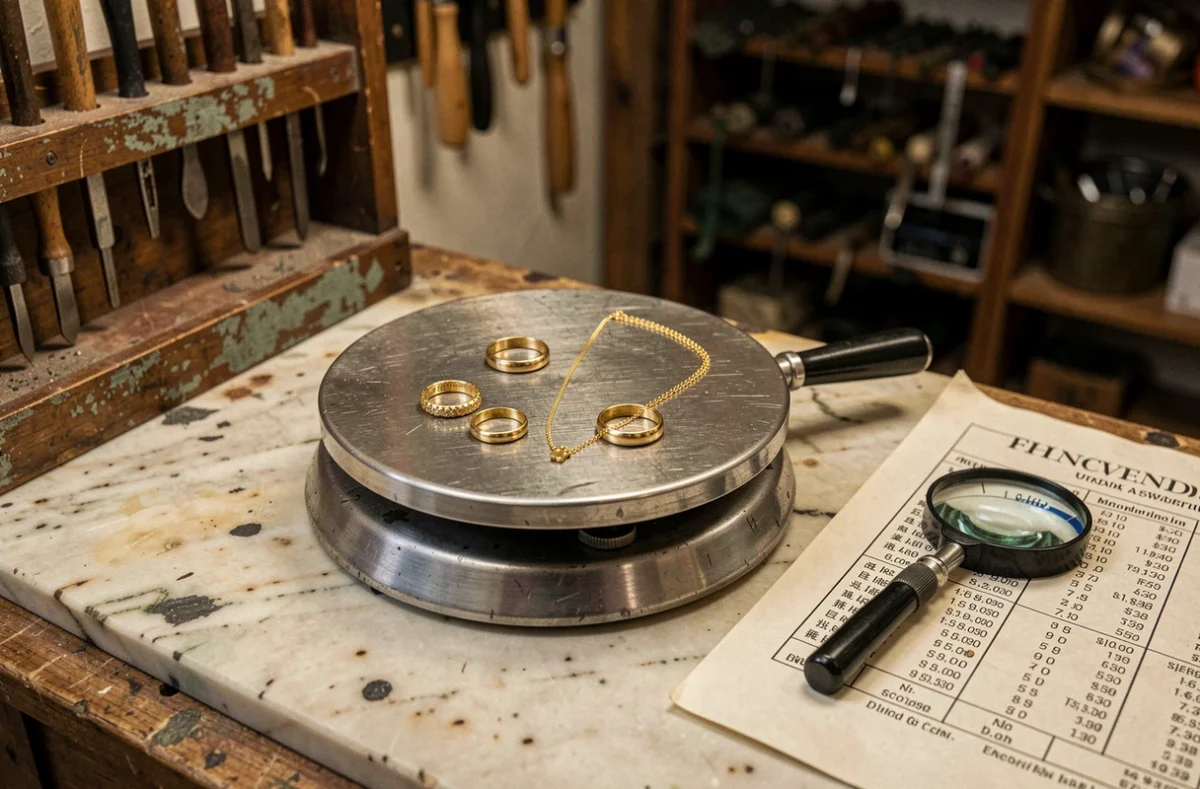 Balance de bijoutier pesant des bijoux en or 9 carats dans un atelier pour estimer leur prix de revente