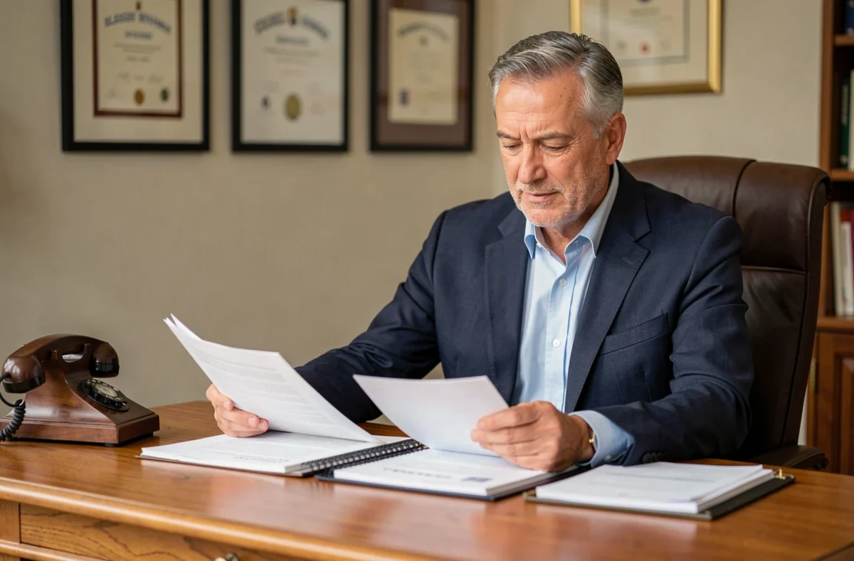Philippe Belliard courtier en assurance examinant des dossiers dans son bureau classique