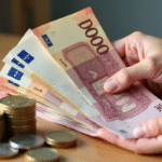 Main tenant des billets de won sud-coréens avec pièces d'euros