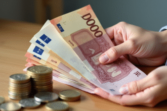Main tenant des billets de won sud-coréens avec pièces d'euros