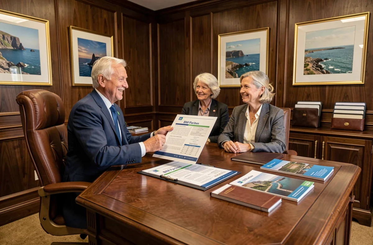 Conseiller BNP Paribas Gestion de Patrimoine dans le Finistère présentant un rapport patrimonial complet à un couple dans un bureau institutionnel en bois sombre