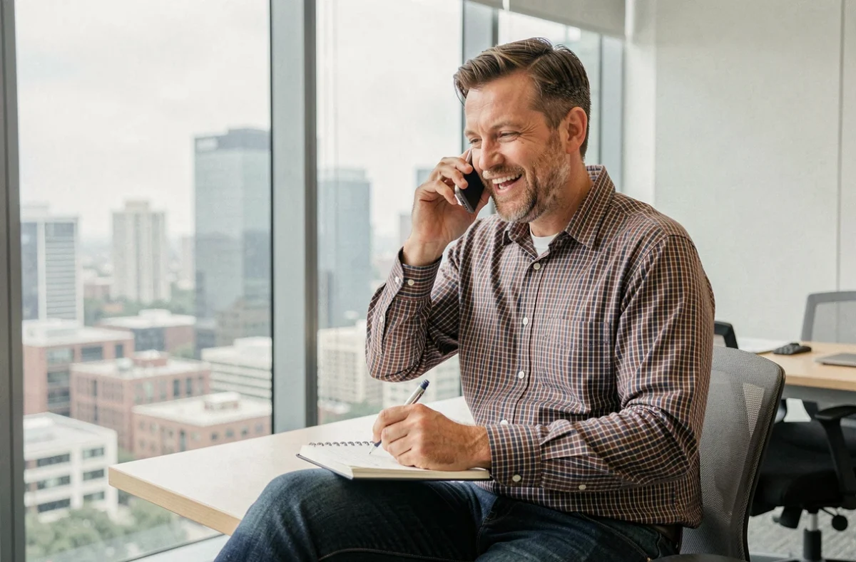 Daniel Boucher courtier en assurance passant un appel téléphonique dans un bureau moderne
