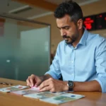 Homme marocain comparant des billets en euros et des dirhams au guichet d'un bureau de change à Casablanca