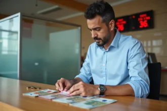 Homme marocain comparant des billets en euros et des dirhams au guichet d'un bureau de change à Casablanca