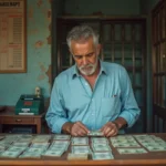 Homme examinant des billets de pesos argentins et dollars américains dans un bureau de change à Buenos Aires