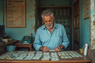Homme examinant des billets de pesos argentins et dollars américains dans un bureau de change à Buenos Aires
