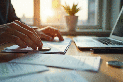 Bureau moderne avec mains organisant des billets et pièces