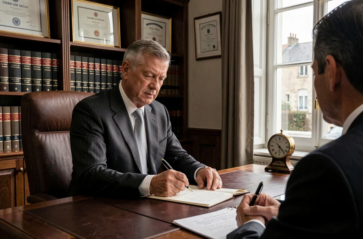 Conseiller expérimenté du Cabinet Dodinet dans un bureau traditionnel examinant des notes financières avec un client