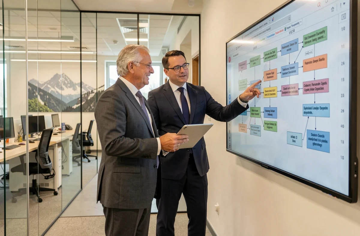 Les associés du Cabinet Grumiaux et Associés présentant une stratégie patrimoniale devant un écran dans leur bureau moderne