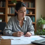 Femme calculant son salaire au SMIC sur 25 heures avec des fiches de paie et une calculatrice sur un bureau