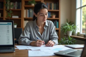 Femme calculant son salaire au SMIC sur 25 heures avec des fiches de paie et une calculatrice sur un bureau