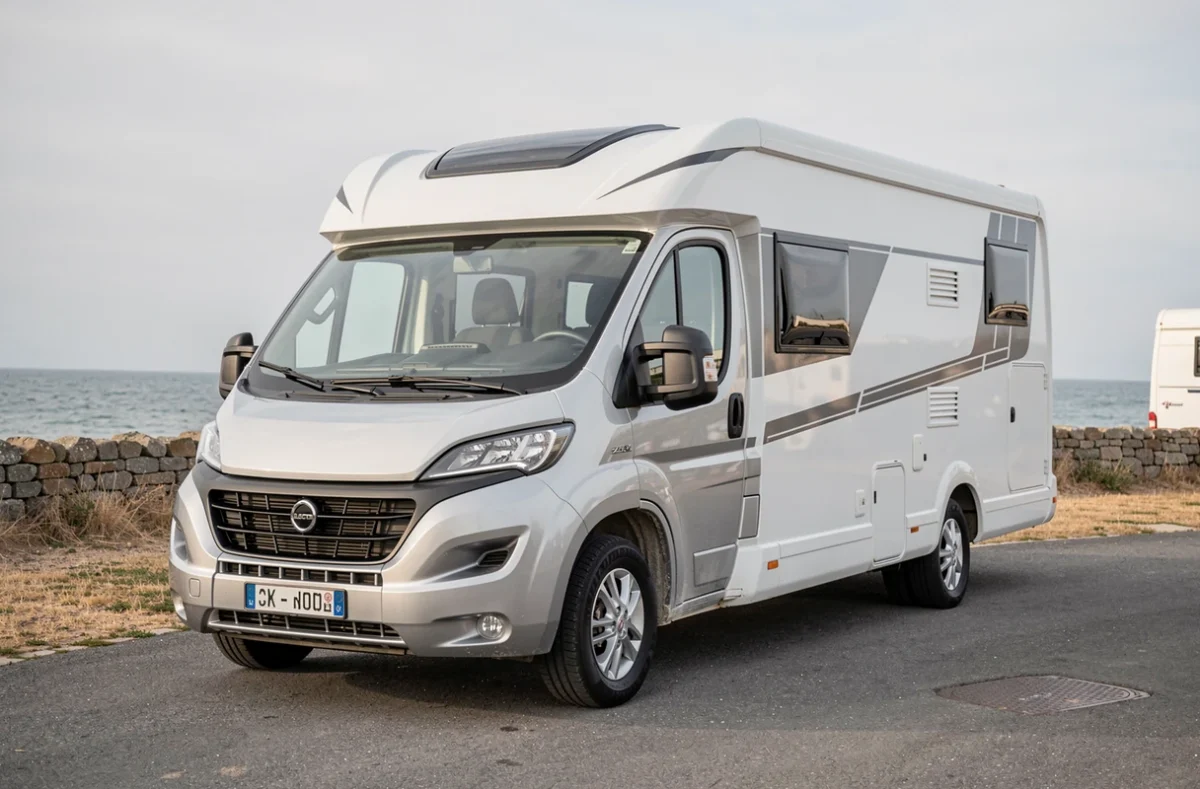 Grand camping-car blanc stationné dans un camping au bord de la mer en France