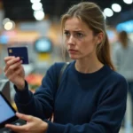 Femme tenant une carte bancaire refusée à la caisse d'un supermarché, illustrant un dépassement de découvert autorisé