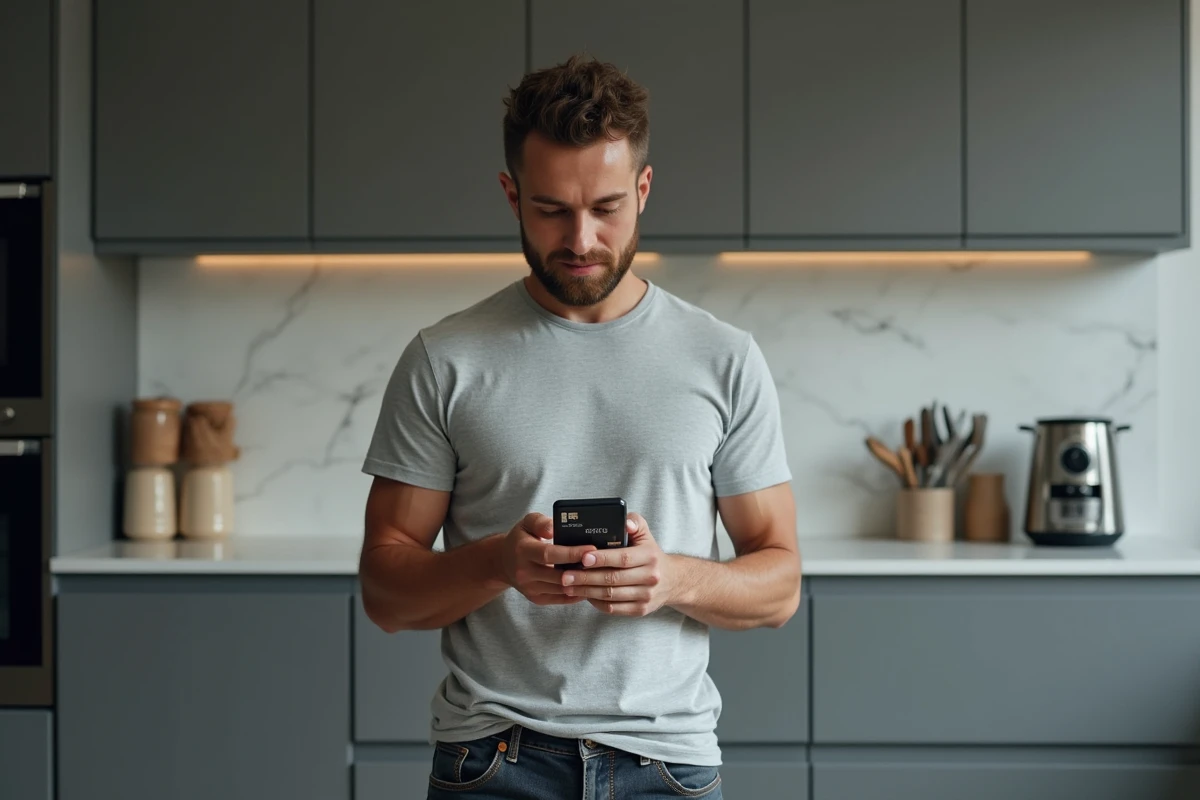 Homme consultant une carte bancaire virtuelle sur smartphone pour gérer ses paiements récurrents