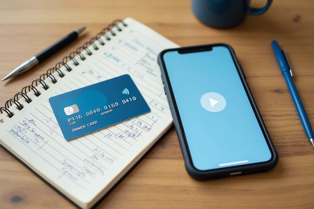 Carte bancaire virtuelle, smartphone et liste d'abonnements sur un bureau en bois pour illustrer la gestion financière avec Virtualis CMB