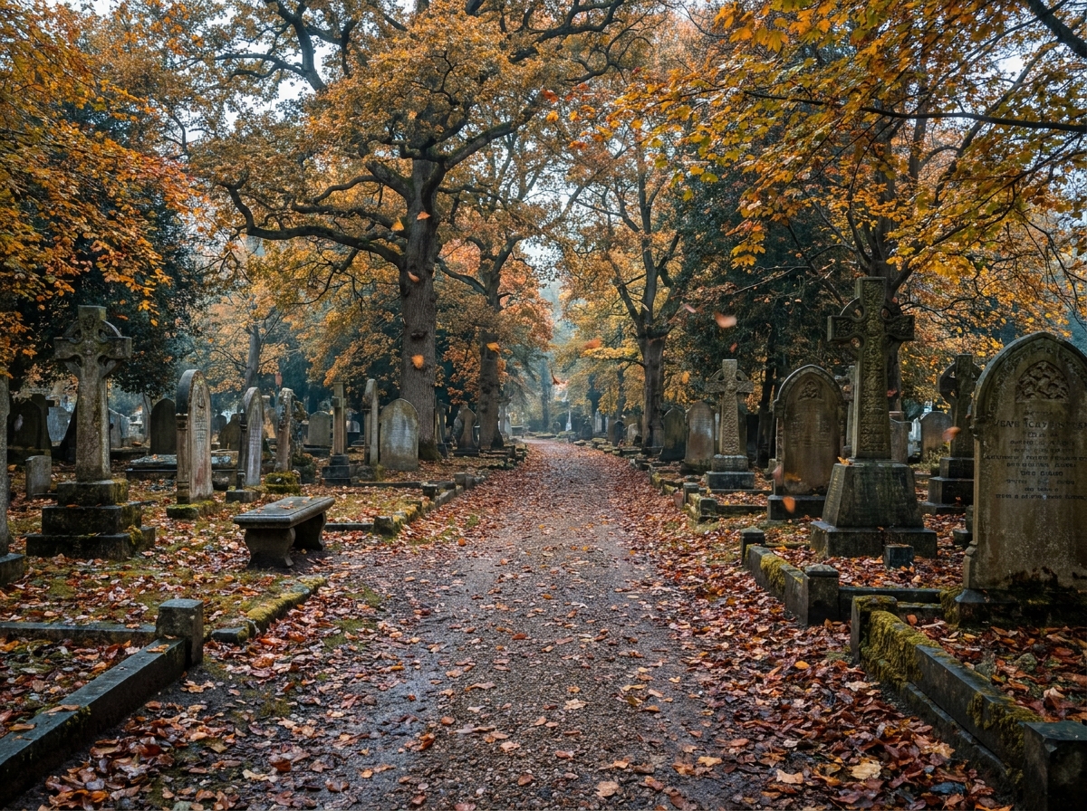 Allée d'un cimetière en automne avec des pierres tombales anciennes et des feuilles dorées, évoquant la prévoyance funéraire et l'assurance obsèques