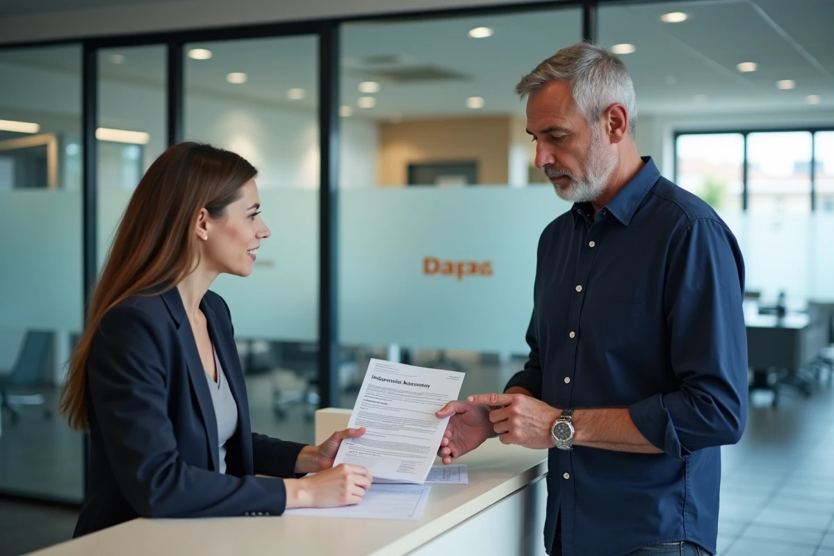 Client discutant de son contrat d'assurance avec un conseiller dans une agence professionnelle