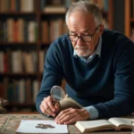 Collectionneur examine une pièce de 50 francs 1977 avec loupe